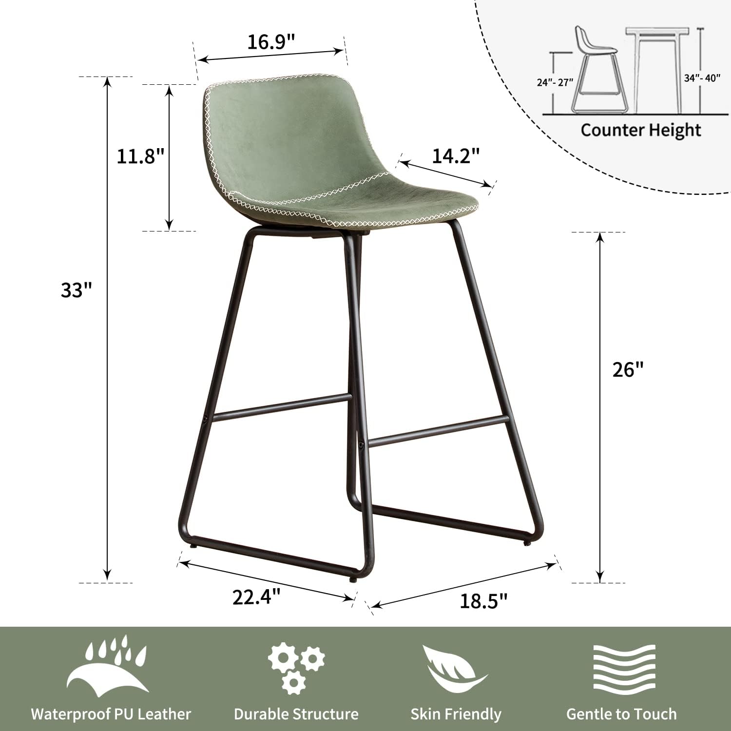 HeuGah Green Bar Stools Set of 3, 26 Inch Barstools with Metal Legs Faux Leather Counter Height Bar Stools for Kitchen Island Modern Bar Seats Chairs with Backrest