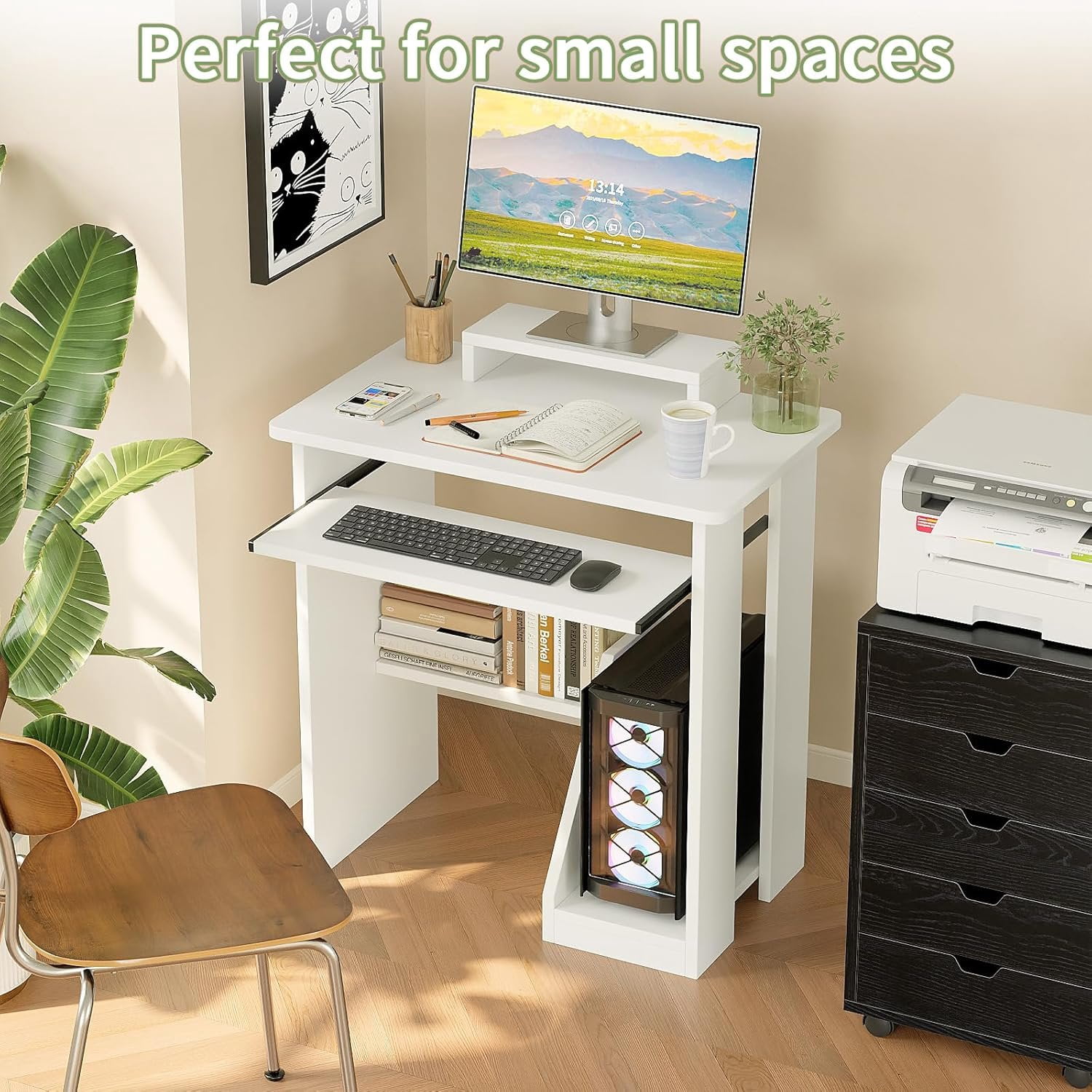 30" Small  Desk with Keyboard Tray  Stand, Study Writing Desk with Storage Shelves, Modern Workstation for Small Spaces, Save Space, White