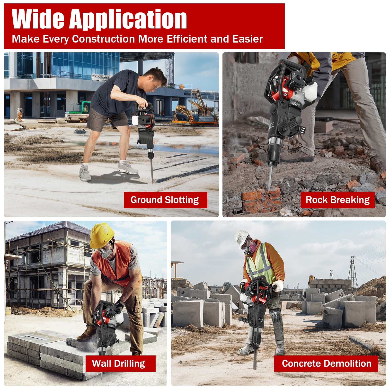 33CC 2-Stroke Gas Hammer Drill, 30J 1000W 3-in-1 Cordless Demolition Tool, for Concrete Brick Rock