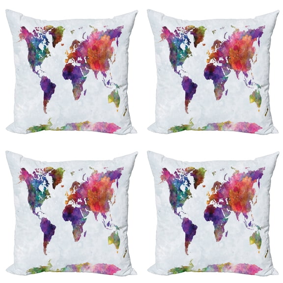 Ambesonne Watercolor Throw Pillow Cover 4 Pack, Colorful World Map, 20", Multicolor