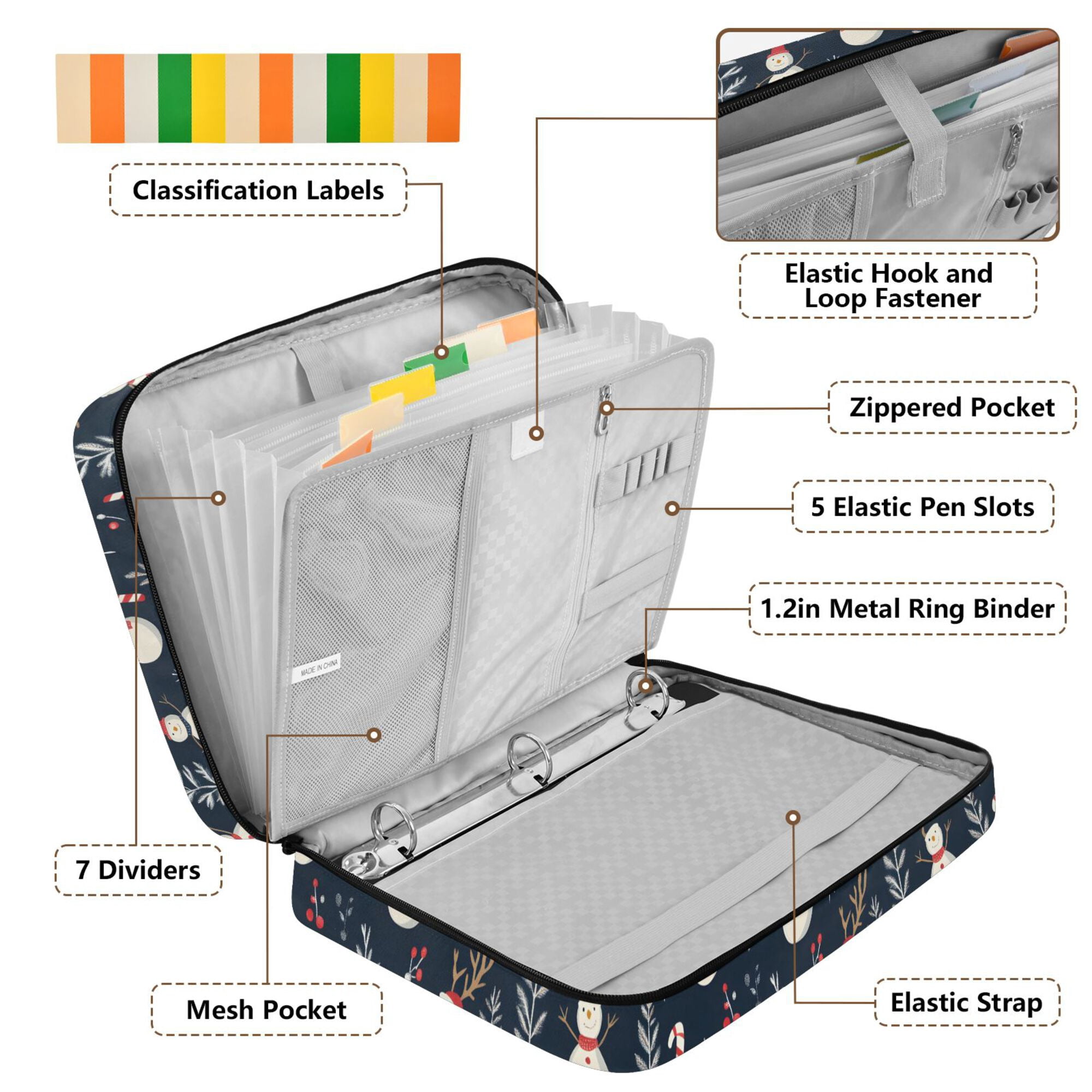 FORMRS Accordion File Folder A4 Size 7-Pocket Expanding Document Organizer Bag with 3 Ring Binder, Jolly Snowman