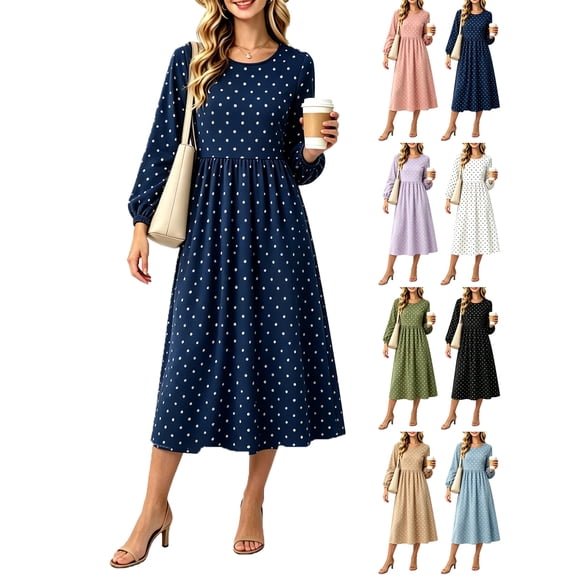 Long Sleeve Fall Dresses for Women Polka Dot Dress - Fall/Winter Casual High Waist A-Line Midi Dress with Puff Sleeves