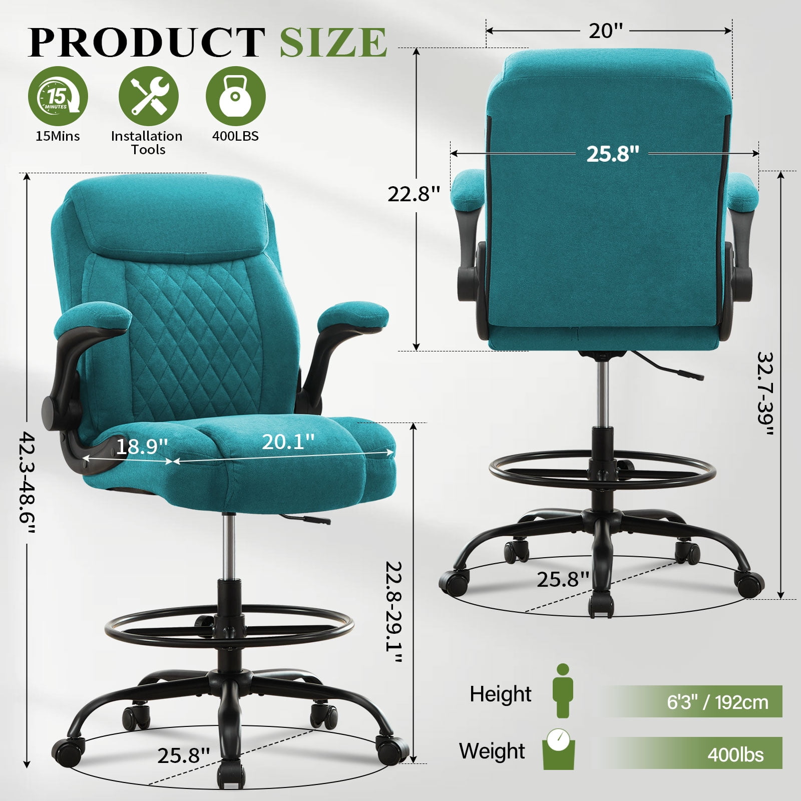 JONPONY Tall Office Chair for Standing Desk, Ergonomic High Office Chair with Adjustable Foot Ring, Flip-Up Armrests, Lumbar Support for Home office ,Blue