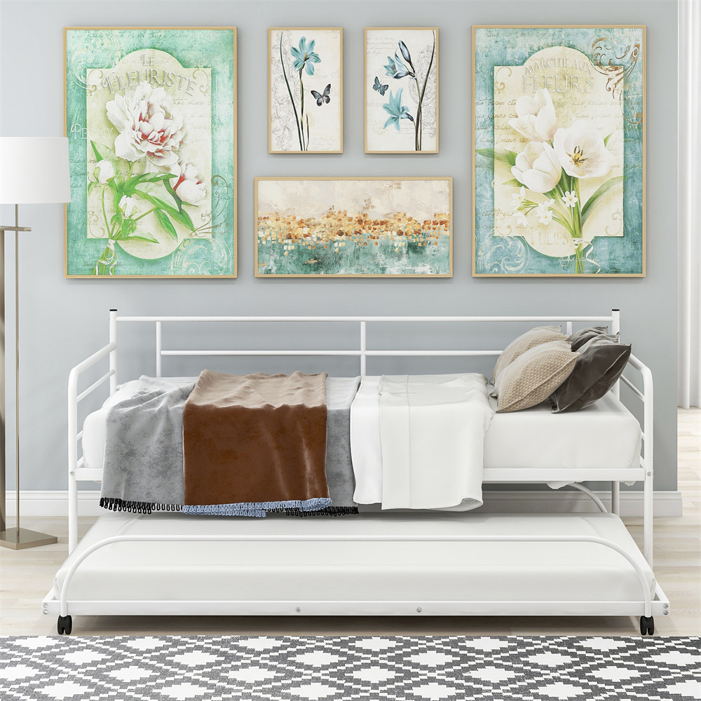 Metal Daybed with Trundle Twin Metal Slats Platform Base Box Spring