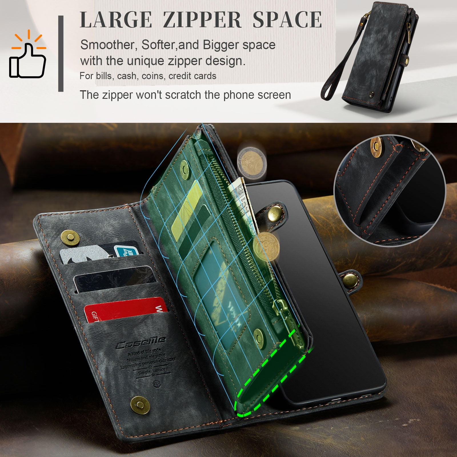 For Samsung Galaxy S10 Wallet Case,Multi-Functional Retro Leather Purse Flip Cover Zipper Wallet Case with Removable Card Slots Pocket & Detachable Wrist Strap Magnetic Phone Case, Black