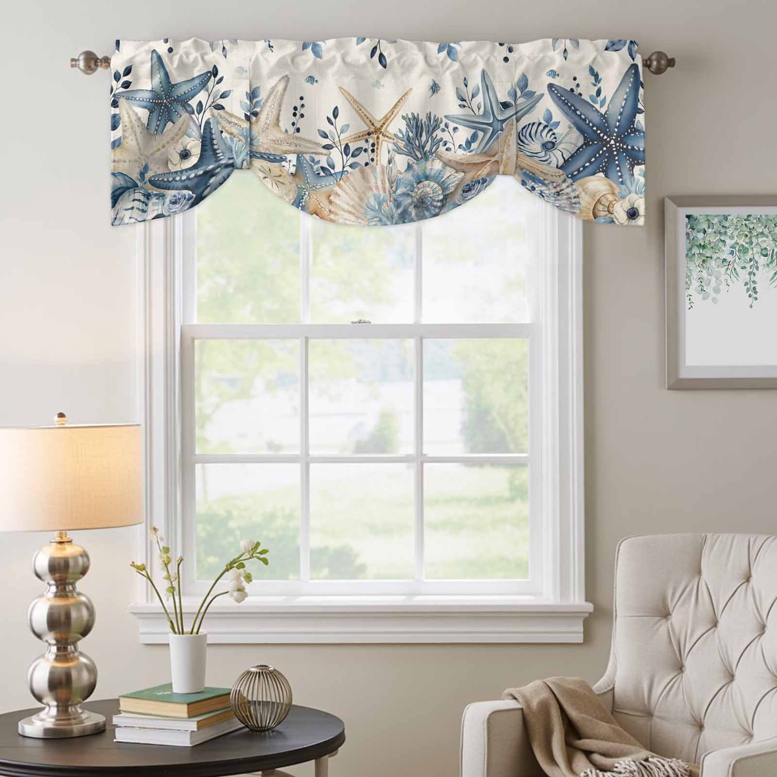 Coastal Tie Up Valances Curtain, Adjustable Kitchen Ocean Blue Beige Starfish Shells Leaves Retro Linen Valances for Windows Decor, Rod Pocket Short Curtains Set for Bedroom/Bathroom, 60"x18"