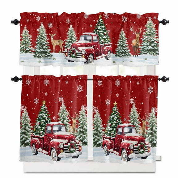 Christmas Red Truck Kitchen Curtains and Valances Set, Winter Car Deer Xmas Trees Snowflakes Rod Pocket Window Valance Window Curtain Panels for Living Room Bedroom Laundry, 27.5x36in, 3 Pieces