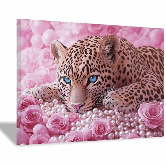 Mudket Framed Pink Leopard with Roses & Pearls Canvas Wall Art, Glam Leopard Print Room Decor for Women Bedroom, Animal Wall Art, Ready to Hang - 12"L x 8"W