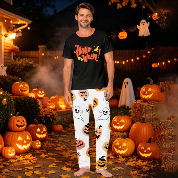 Matching Family Halloween Pajamas Set Skeleton Skull Crew Neck Spooky Pjs Witch Hat Bat Horror Wide Leg Loungewear, Men:L