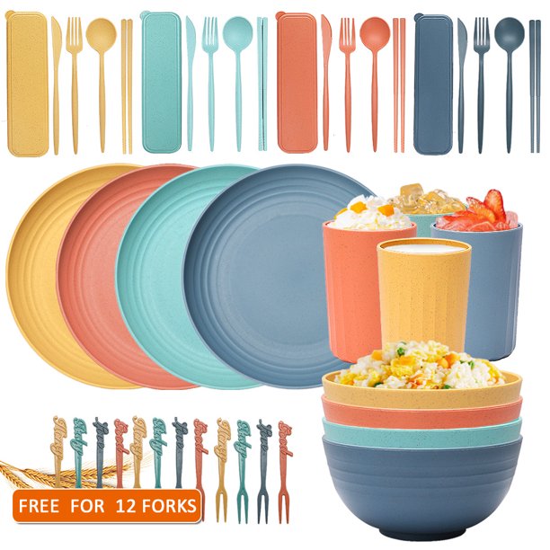 Wheat Straw Dinnerware Sets, 32 PCS Microwave Unbreakable Plates and