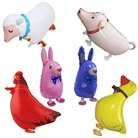 (Pack of 6)Walking Sheep Rabbit Pig Hen Duck Balloons for Farm Animal Theme Birthday Party Decoration