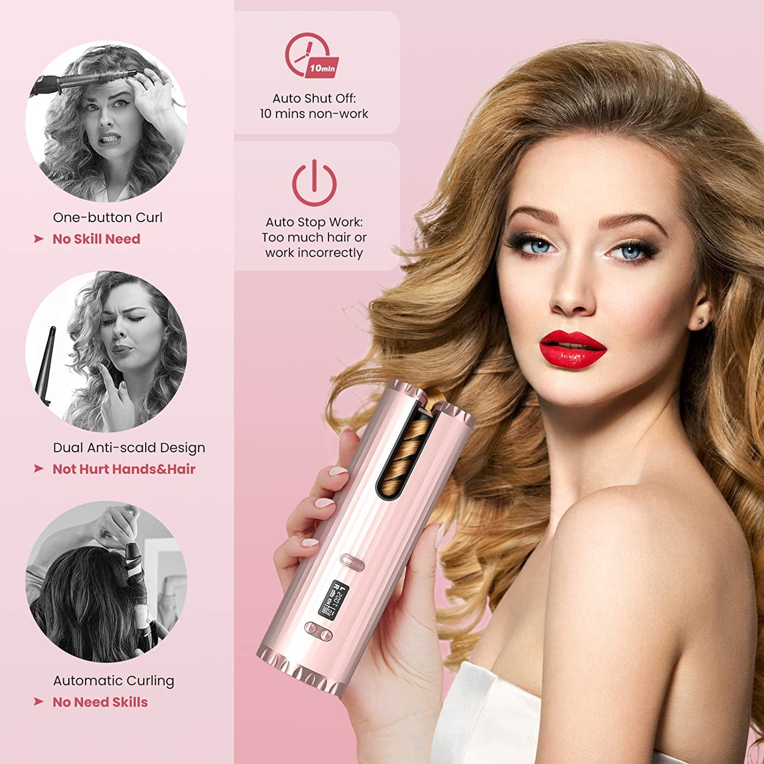 Zecatl Automatic Hair Curler Automatic Curling Iron Usb Rechargeable Barrel Wave Wand Cordless Hair Curling Wand With Professional Lcd Display Hai