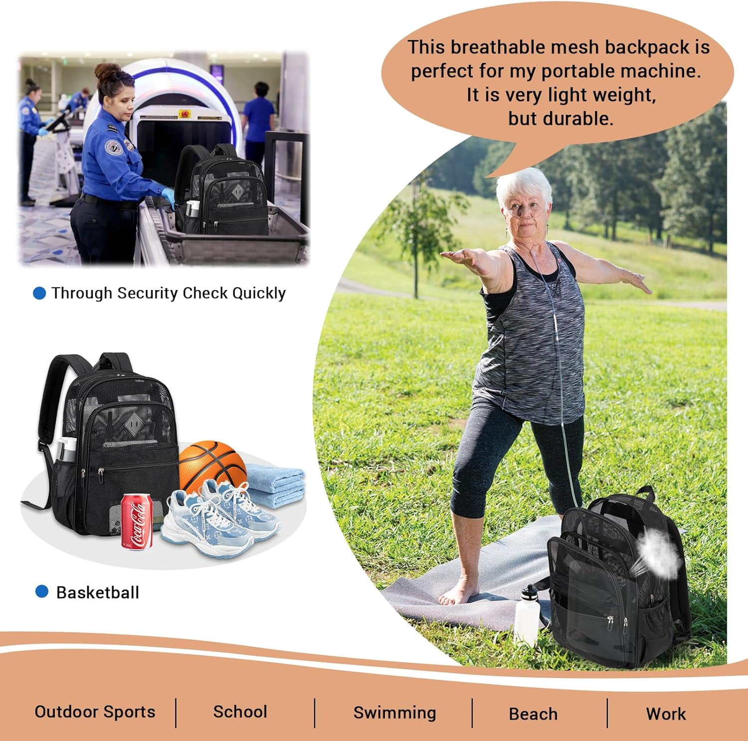 DAKIMOE Mesh Backpack School Backpack Bookbag Heavy Duty See Through Transparent Backpack Stadium Approved Large Capacity with Multiple Compartments Pockets for School Beach Swimming Sports Work