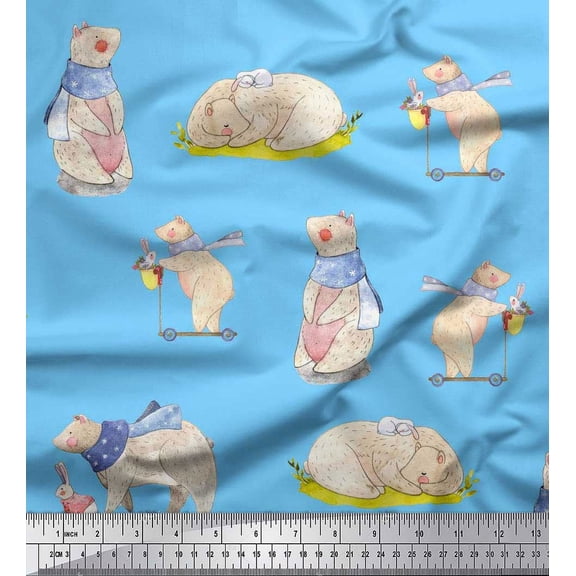 Soimoi Cotton Duck Fabric Cycle,Rabbit & Bear Kids Print Fabric by the Yard 42 Inch Wide