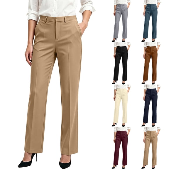 Oksale Business Casual Pants for Women Office Wear Straight Leg Dress Pants with Pockets Stretch High Waisted Work Pants Khaki S