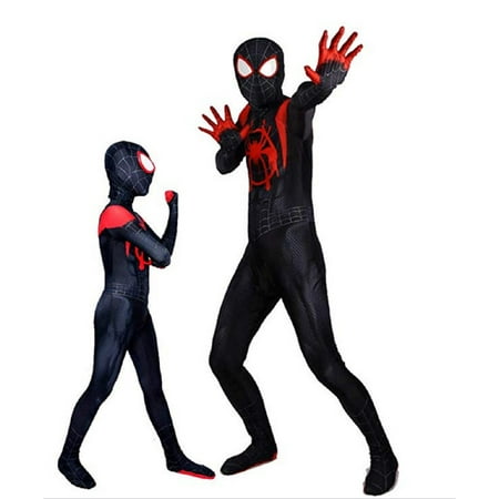 Boys Superhero Spider Costume, Unisex Adults Kids Lycra Spandex Zentai Miles Morales Peter Park Jumpsuit Bodysuit Halloween Costume Child-XS90~100 cm)