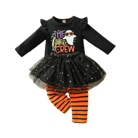 

Youmylove Toddler Kids Girls Outfit Festival Pumpkin Printed Long Sleeve Tops Stripe Pants Mesh Skirt 3Pcs Set Outfits Spring Clothing Set