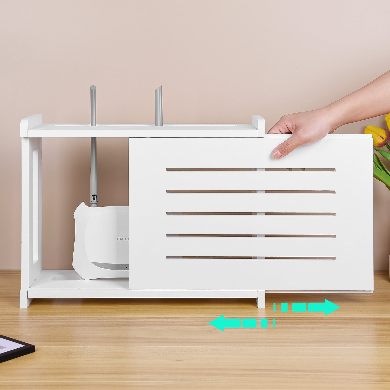 White Router Shelf Wall Mount WiFi Router Storage Box Modem Cable Router Cover Organized Power Strip Cable Management Hider Rack by Solid Wood
