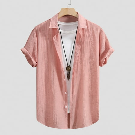 Gyexs Mens Button Down Shirt Short Sleeve Watermelon Red Textured Linen Shirts with Pocket Relaxed Fit Tees Shirt Activewear Men Apparel Size M