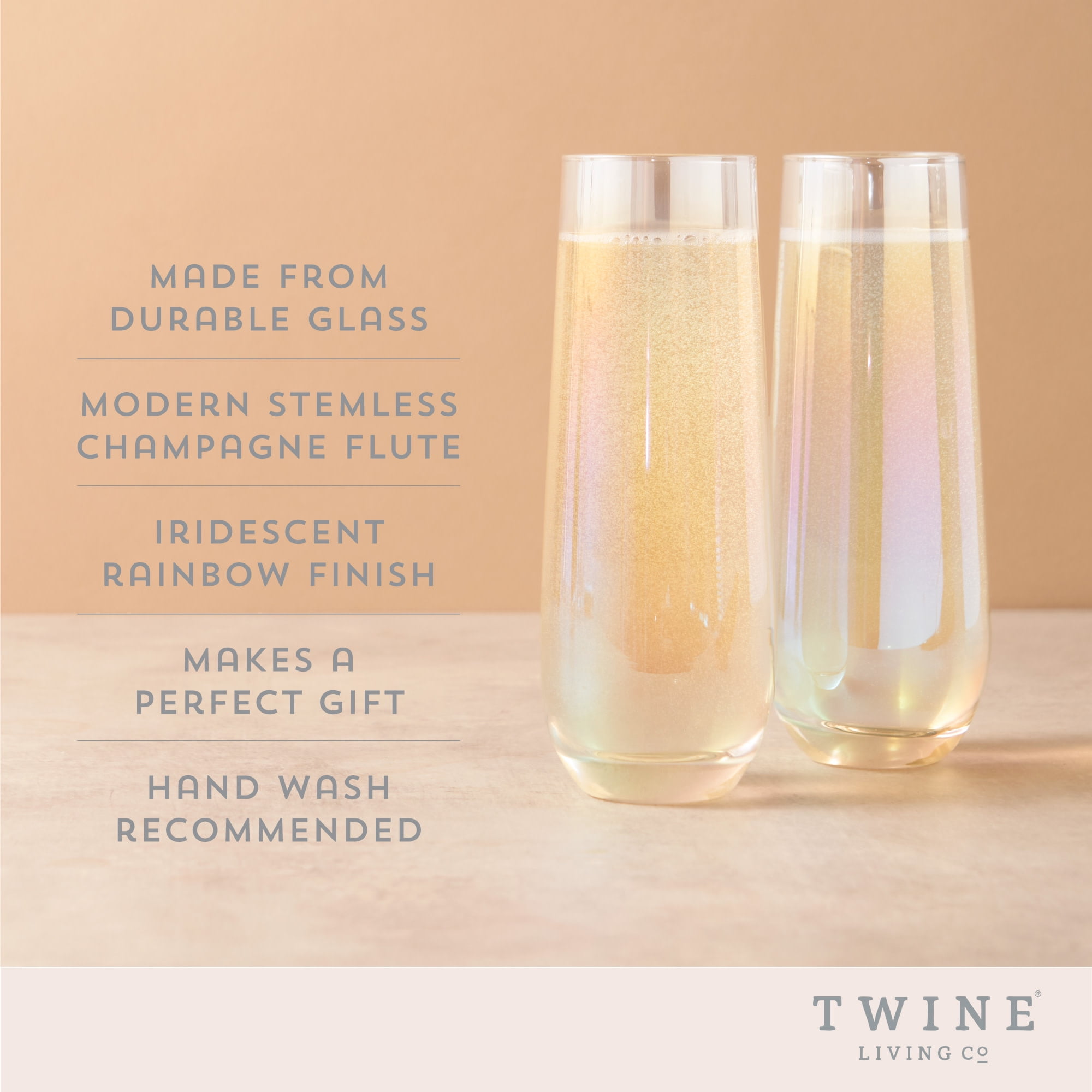 Twine Luster Champagne Flutes for Outdoor, Home Bar Gifts, 10 oz Set of 2
