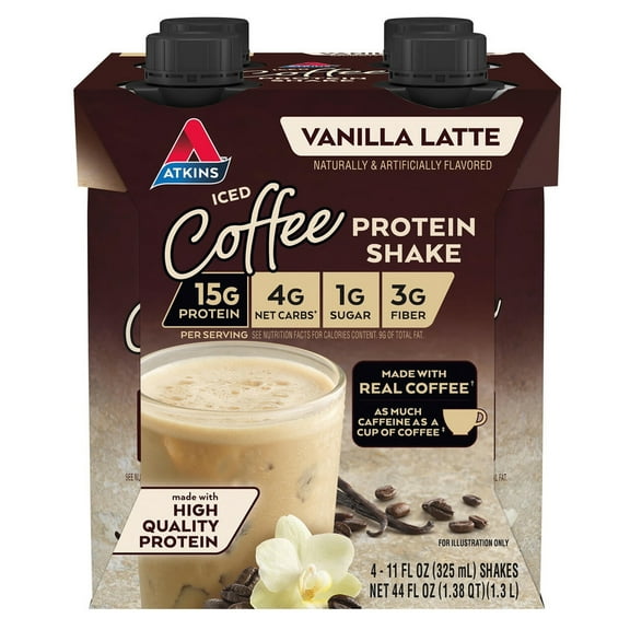 Atkins Iced Coffee Protein Shake, Vanilla Latte, Keto Friendly, 11.0 oz., 4 Count