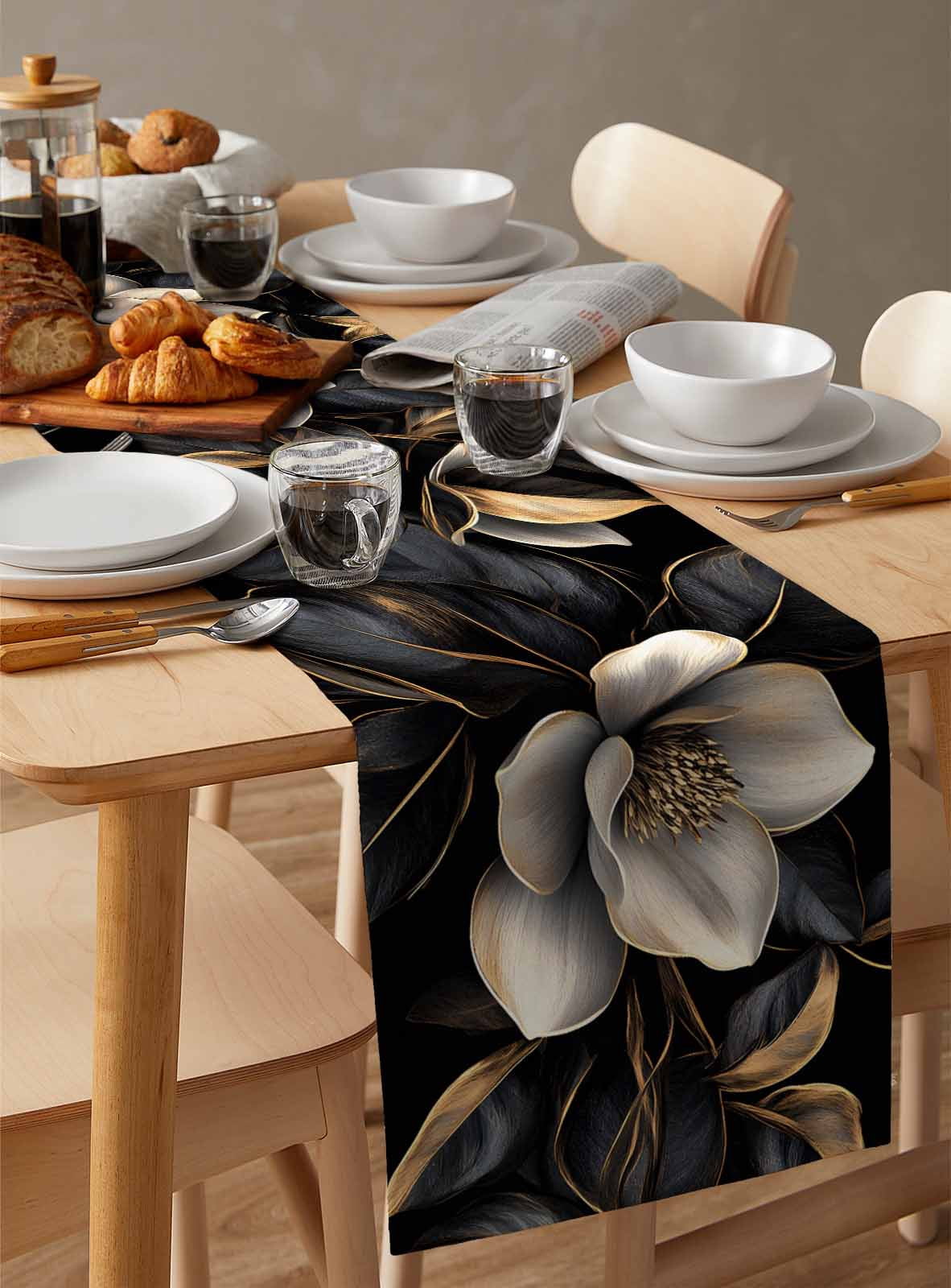 Black Gold Flower Table Runner Gradient Luxurious Floral Botanical Tablerunners 13 x 90 Inch, Table Decorations Tabletop Scarf for Summer Gathering Holiday Farmhouse Kitchen Dining Decor