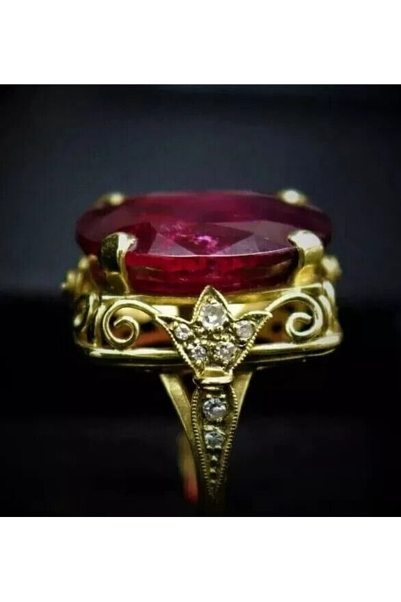 244Ct Oval Cut Lab Created Red Ruby Women's Birthday Gift Ring 14K Yellow Gold Plated Silver