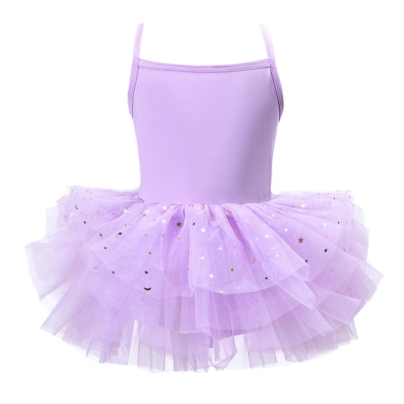 Amidoa Girls Tutu Dresses Dresses Sequins Strap Crewneck Tulle Sundress Ballet Dance Mesh Performance Skirt Summer Dress Purple,5-6 Years