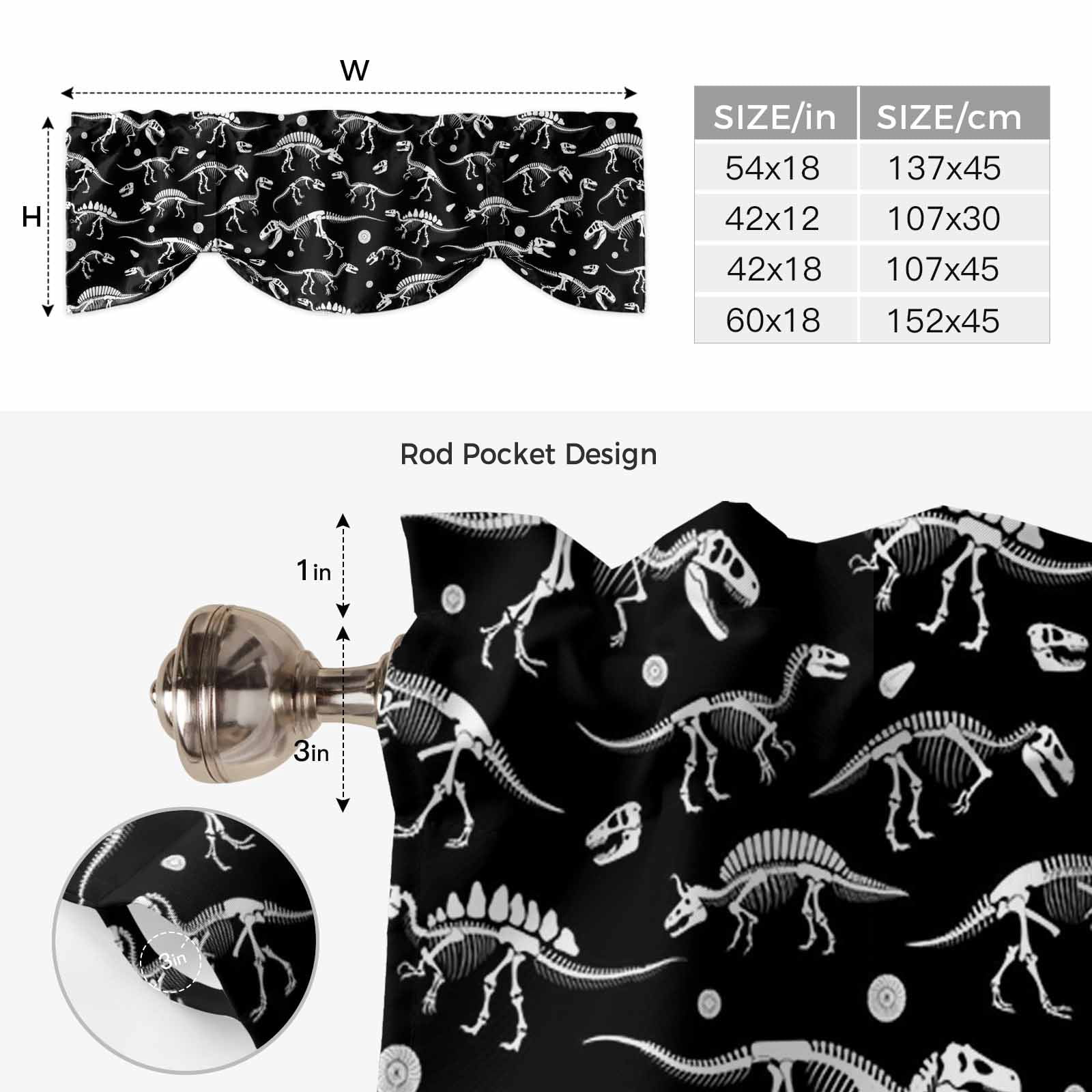 Tie Up Valance Halloween Dinosaur Black Valances for Windows Funny Dino Skull Boys Girls Children Balloon Shade Valance Window Treatment Short Curtain Valances for Living Room Kitchen Bedroom 60"x18"