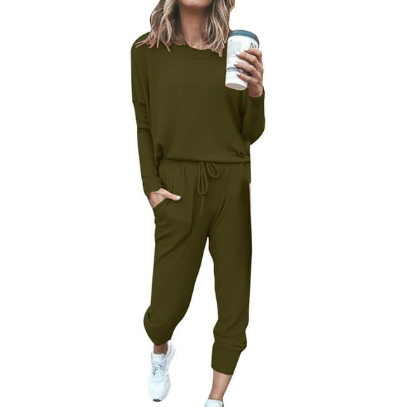 2Pc Women Pure Color Suit Long Sleeve Leisure Pocket Home Sweatpants Sets