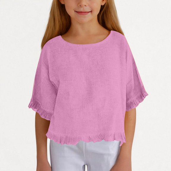 Cethrio Girls T Shirts Size 7-8 T, Summer Casual Cotton Linen Crewneck Short Sleeve Tops Pink