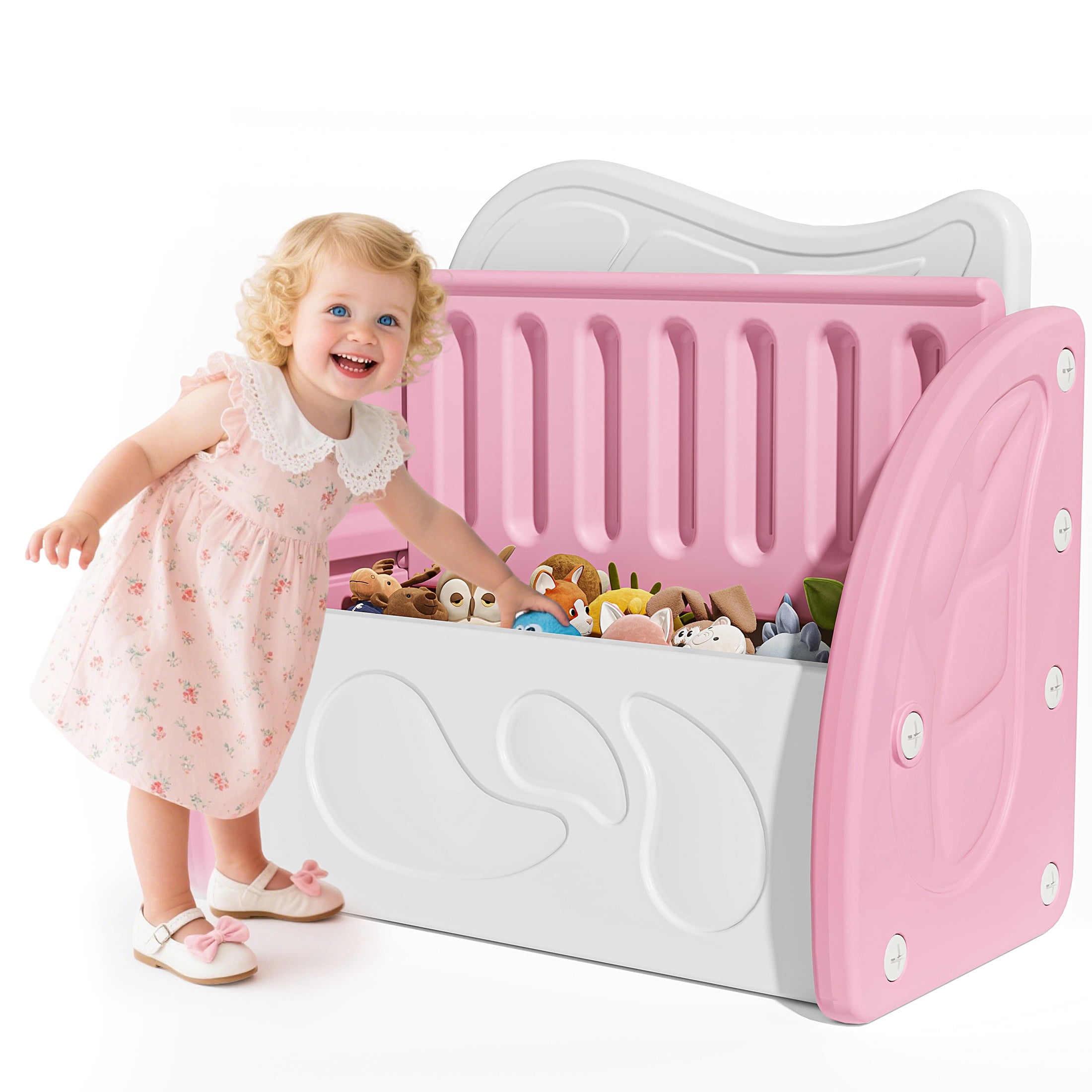 SESSLIFE Toy Box for Boys Girls, Plastic Kids Storage Organizer with Storage Bench and Leaf Backrest, Modern Toy Chest for Living Room, Toddler Room, Bedroom, Support 176 lbs, Pink/Light Grey