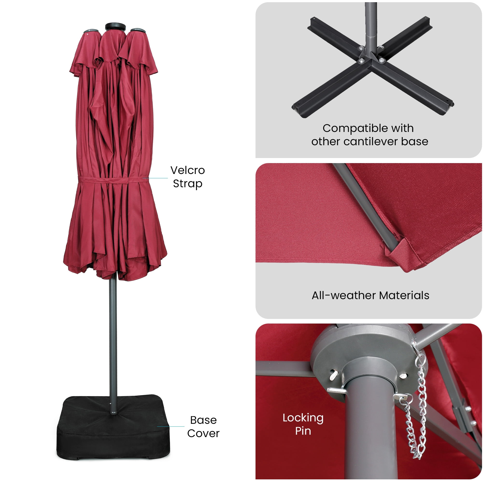 Home Zone Living 15x9 Ft Double Head Patio Umbrella with Base, 36 LED Lights, Sand Bags, UV resistant & Waterproof, 213 LBS Total Weight, Burgundy Red