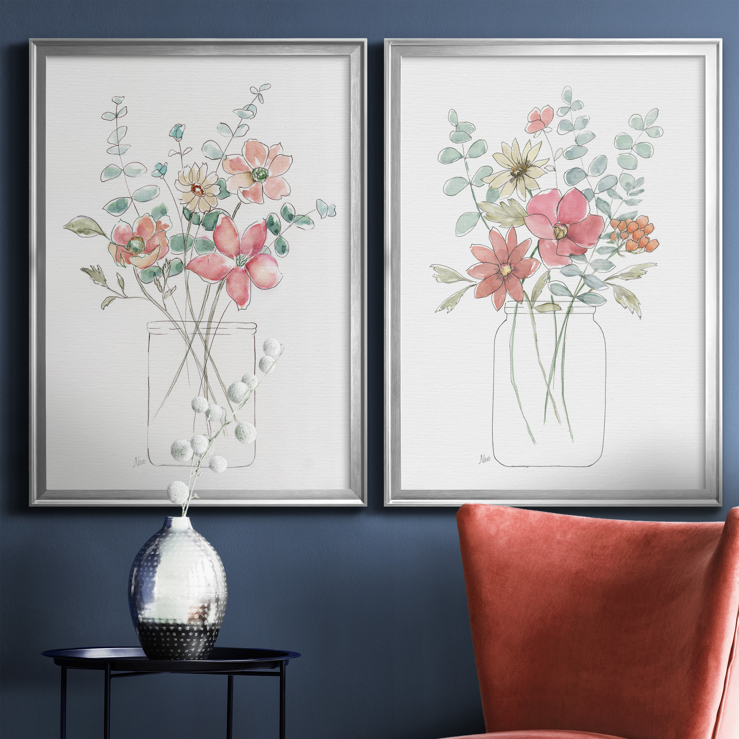 2 Piece Set Whimsical Wildflowers I Premium Framed Canvas - Ready to Hang - 26.5 x 36.5 Each - Silver Frame