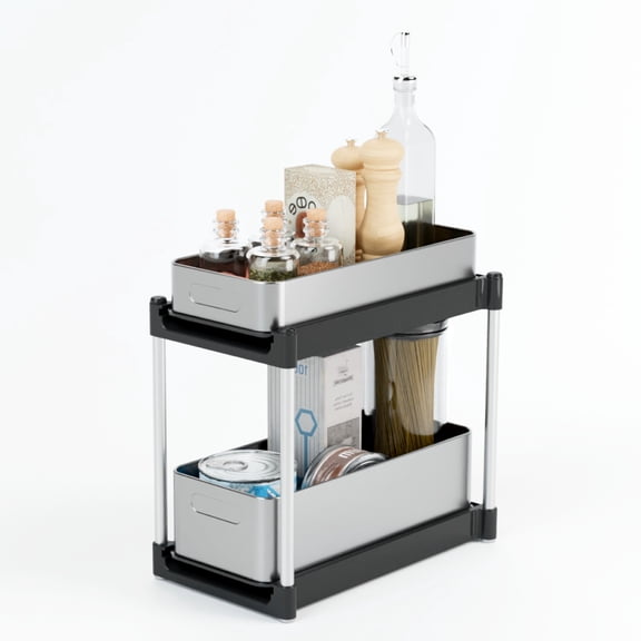Home Zone Living 2-Tier Kitchen Pull-Out Cabinet Organizer with Stainless Steel Frame
