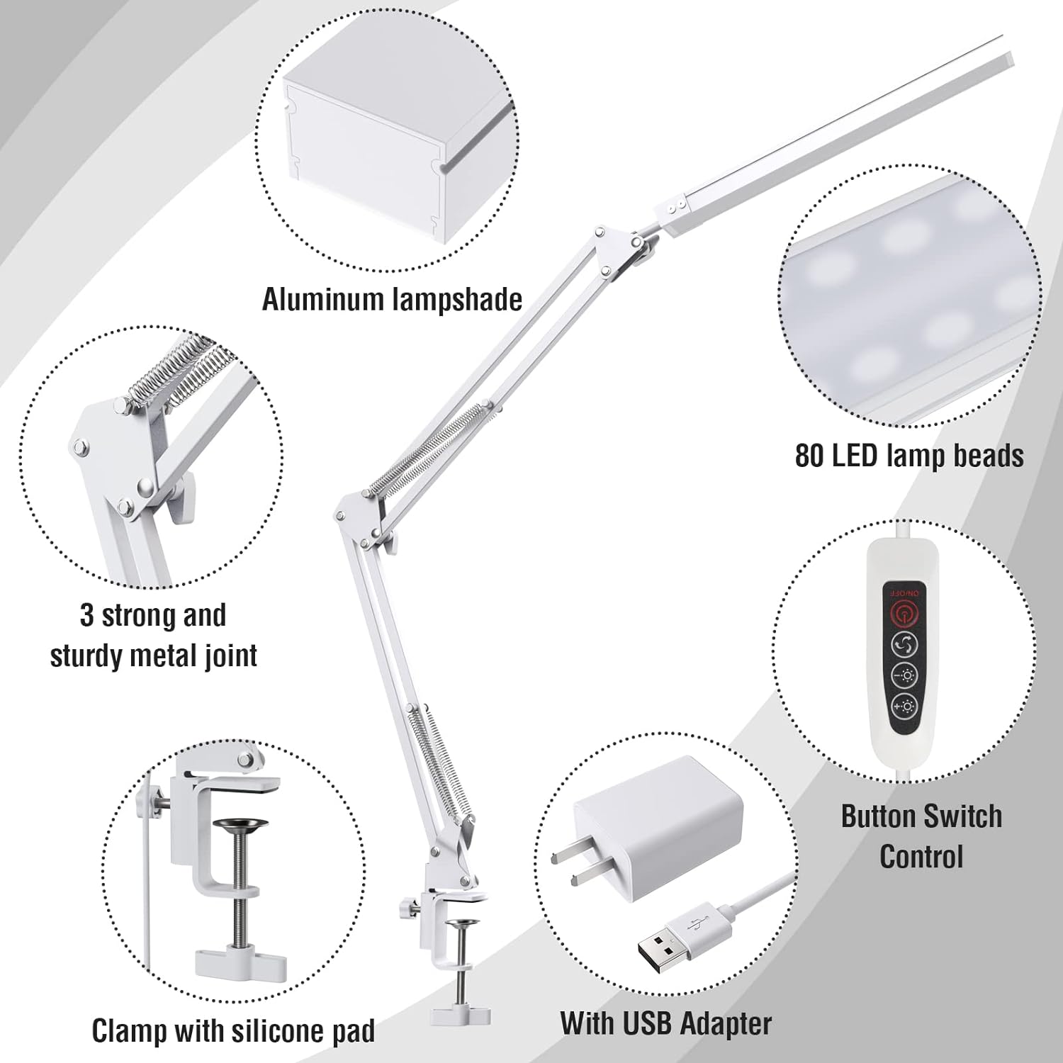 Jxr LED Desk Lamp, Swing arm Desk Light with clamp, 3 Lighting 10 Brightness Eye-Caring Modes, Reading Desk Lamps for Home Office 360 Degree Spin with USB Adapter & Memory Function