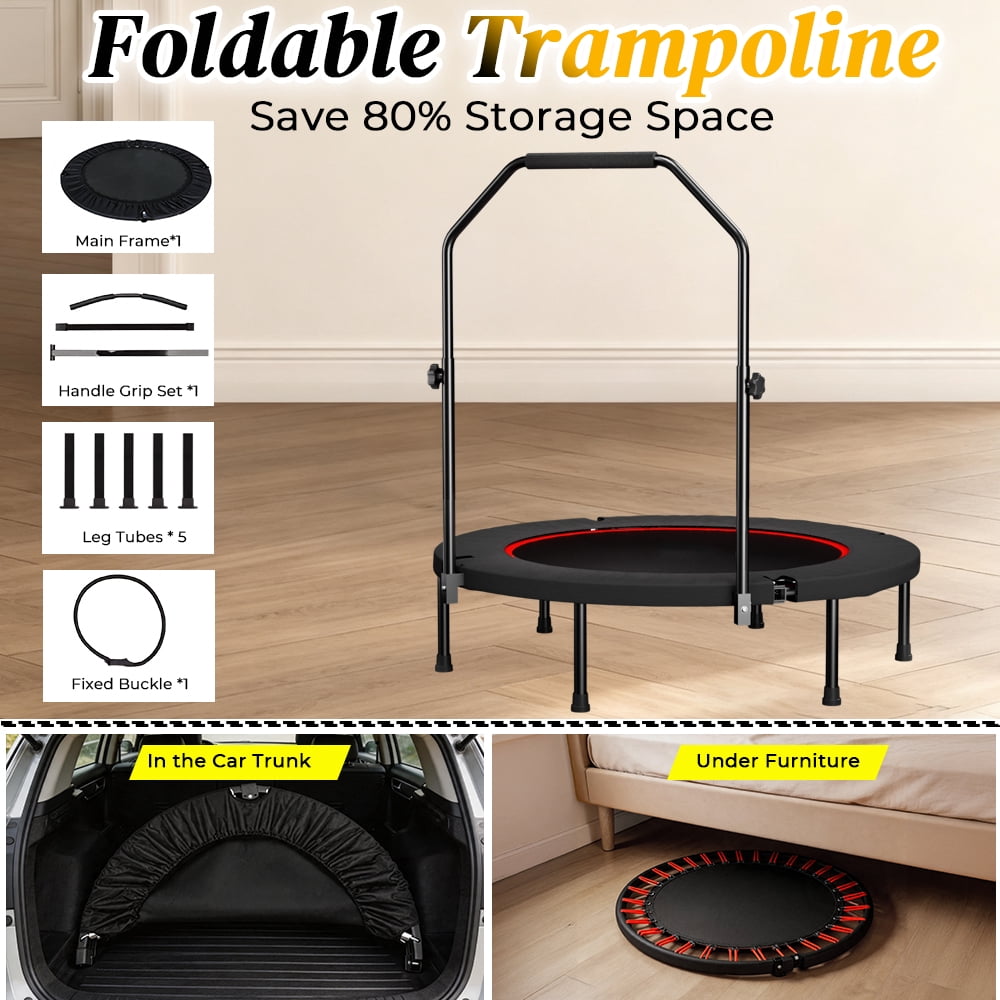 40 Inch Spring Mini Fitness Trampoline for Adults,3-Level Adjustable Adjustable Foam Handle Foldable Rebounder,Indoor Outdoor Home Gym Workout Equipment,Max Load 450LBS Exercise Equipment
