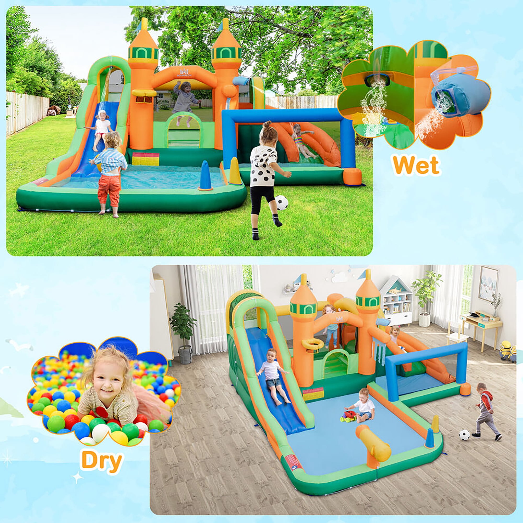 Gymax Kids Inflatable Water Slide Park w/735W Blower Basketball Rim Wet Dry Combo