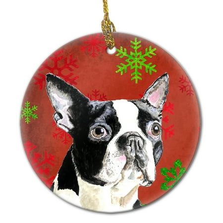 Boston Terrier Dog Ornament - Boston Terrier Red Snowflakes Holiday Christmas Ceramic Ornament SC9400