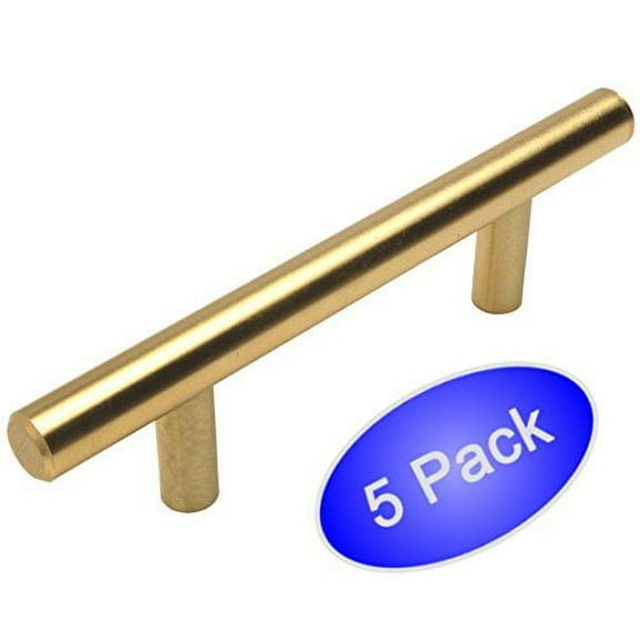 Cosmas 305-96BB Brushed Brass Cabinet Hardware Euro Style Bar Handle Pull, 3-3/4" (96mm) Hole Centers, 6-1/8" Overall Length - 5 Pack