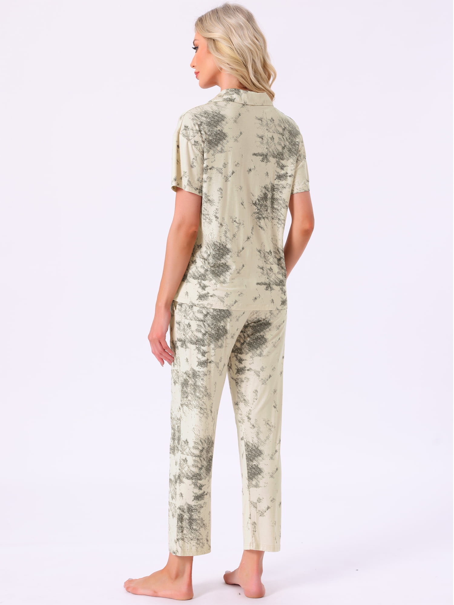 DARING DIVA Tencel Floral Short Sleeve Notched Collar Pants Set M Beige