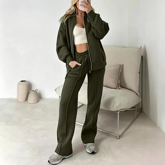 sdhkgrrt Women's Plus Size 2 Piece Lounge Set Open Front Zipper Long Sleeve Cardigan Jacket Matching Wide Leg Pants Casual Outfit Solid Comfy Fall Winter Tracksuit, Army Green 3XL