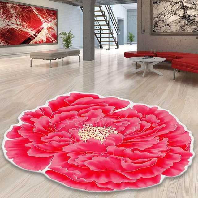 Floral Area Rugs Peony Flower Shape Area Rugs Non-Slip Rugs Floral Shaggy Carpet Bath Mat for Living Room Bedroom Home Decor, Red, 3.3'x3.3'