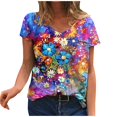 thumbnail image 2 of Hauts d'Été Grande Taille pour Femmes Mode Décontractée Col Rond Imprimé Manches Courtes Blouse Ample Décontractée T-Shirt Col en V pour Femmes en Solde, 2 of 3