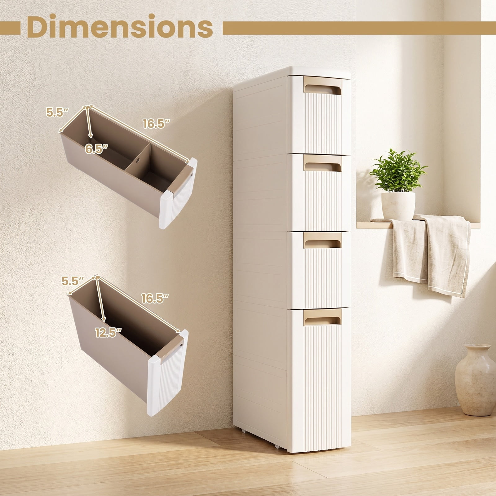 Vebreda Freestanding Bathroom Storage Cabinet, Narrow Storage Cabinet with Drawers and Removable Dividers, Multi-Layered Storage