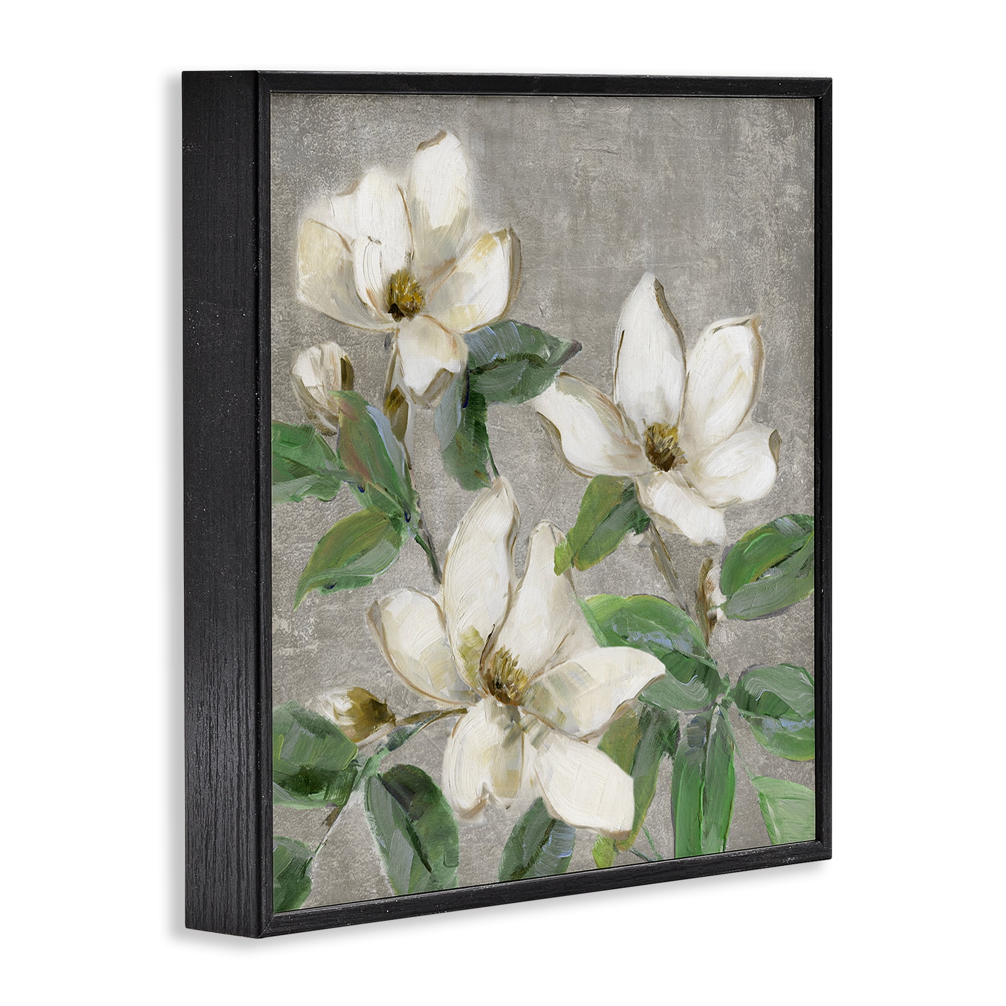 Stupell Industries Ivory Magnolias on Grey Black Framed Giclee Art, design by Sally Swatland