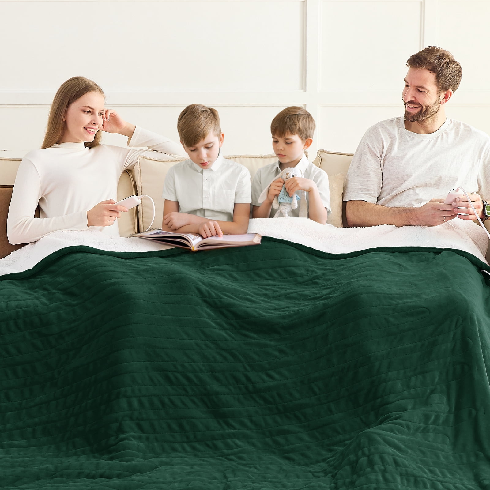 PMONPA Electric Heated Blanket, Flannel & Sherpa Heating Blanket for Adult, Fast-Heating with 10 Heat Levels 5 Time Settings (101"x91", Dark Green)