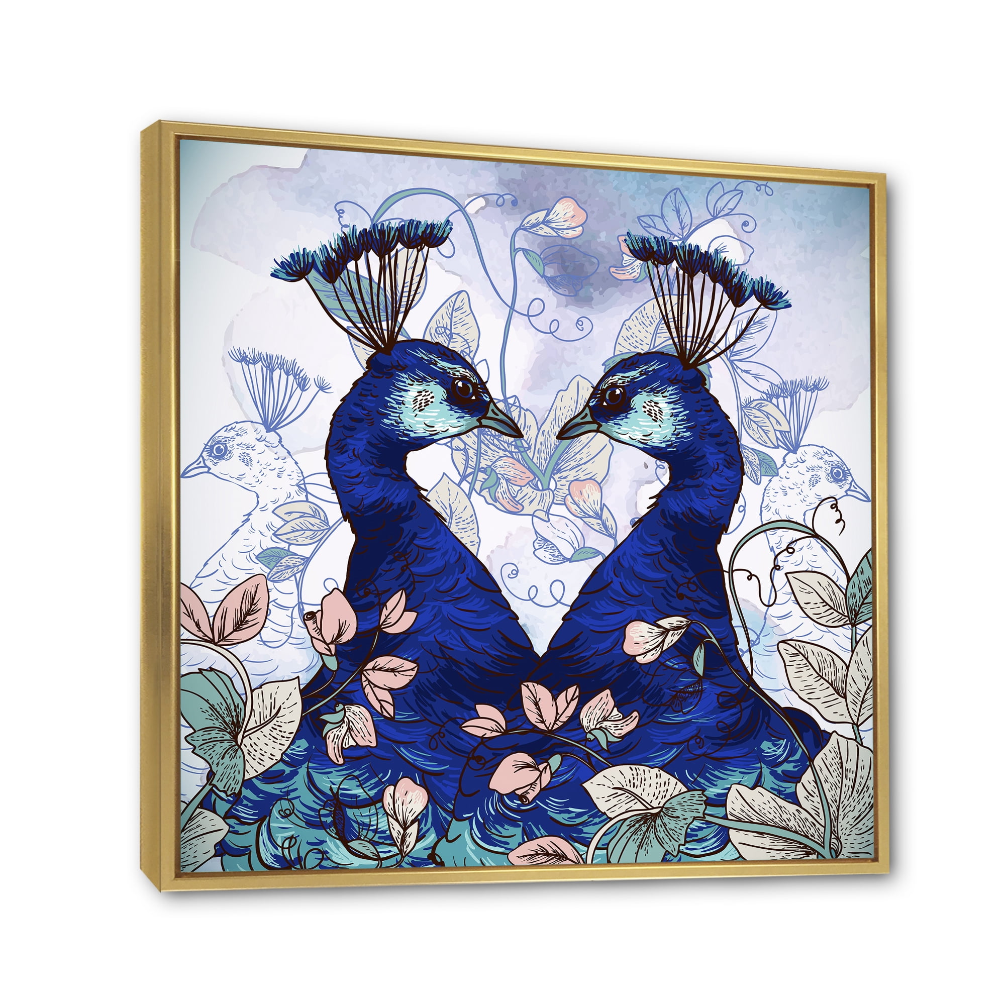 Designart 'Wildflowers With Two Blue Peacocks' Traditional Framed Canvas Wall Art Print