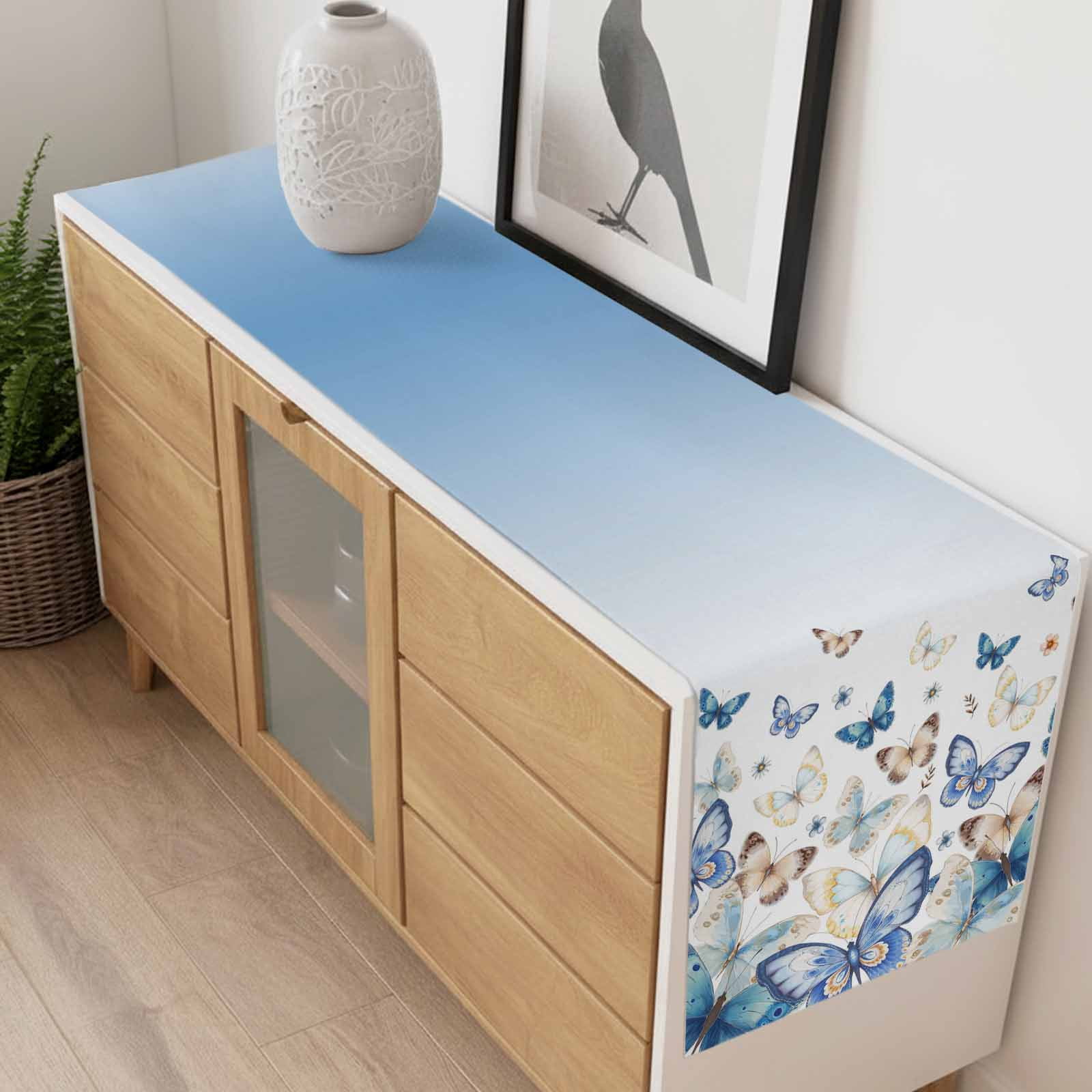 Butterfly Table Runner 13 x 90 Inch, Abstract Blue Gold Animal Blue White Gradient Washable Cotton Linen Dining Table Runner Tabletop Decorations for Restaurant Home Kitchen Party