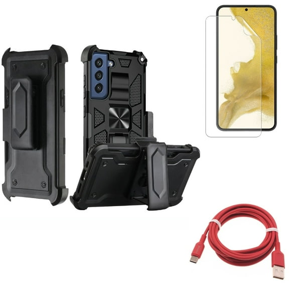 Matte Screen Protector & 6ft USB-C Cable & Case Belt Clip for Samsung Galaxy S22 (6.1") - TPU Film Anti-Glare & Red Charger Cord & Holster Swivel Accessory Bundle